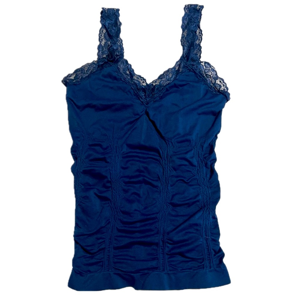 Navy blue ruched lace top.